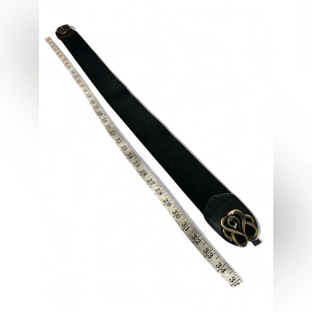 Wide Black Stretch Front Clip Belt Brushed Gold Accent Buckle Size Large - Picture 9 of 12
